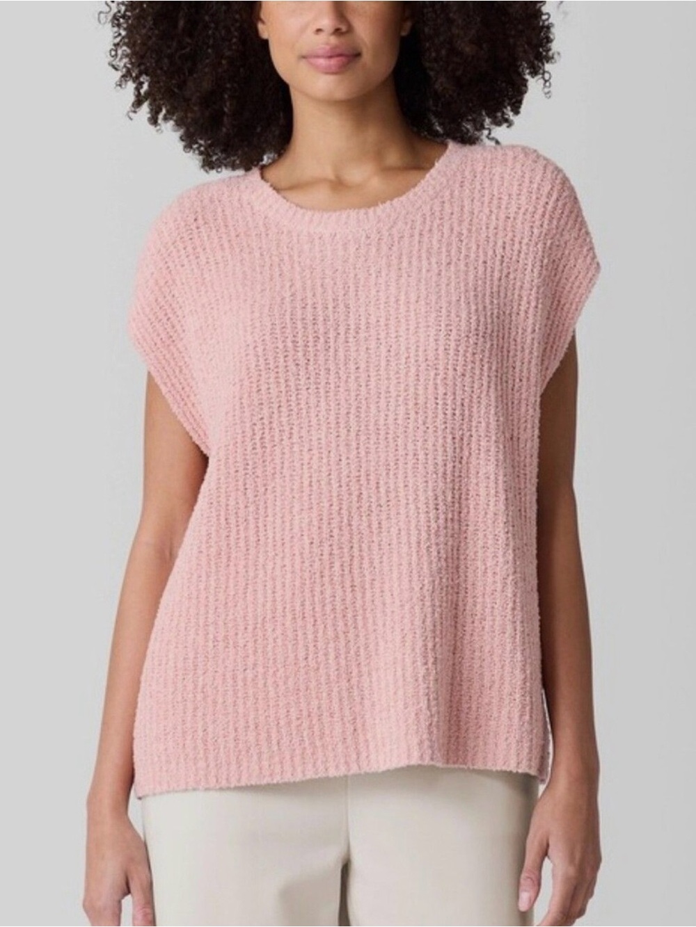 NWT Eileen Fisher Crew Neck Vest Medium Organic Cotton Boucle Powder Pink~ $158